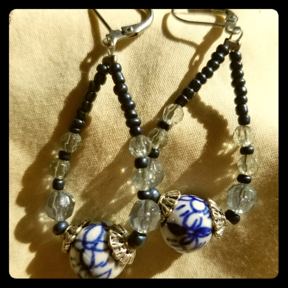 Asian Inspired Blue and White Dangle Earrings